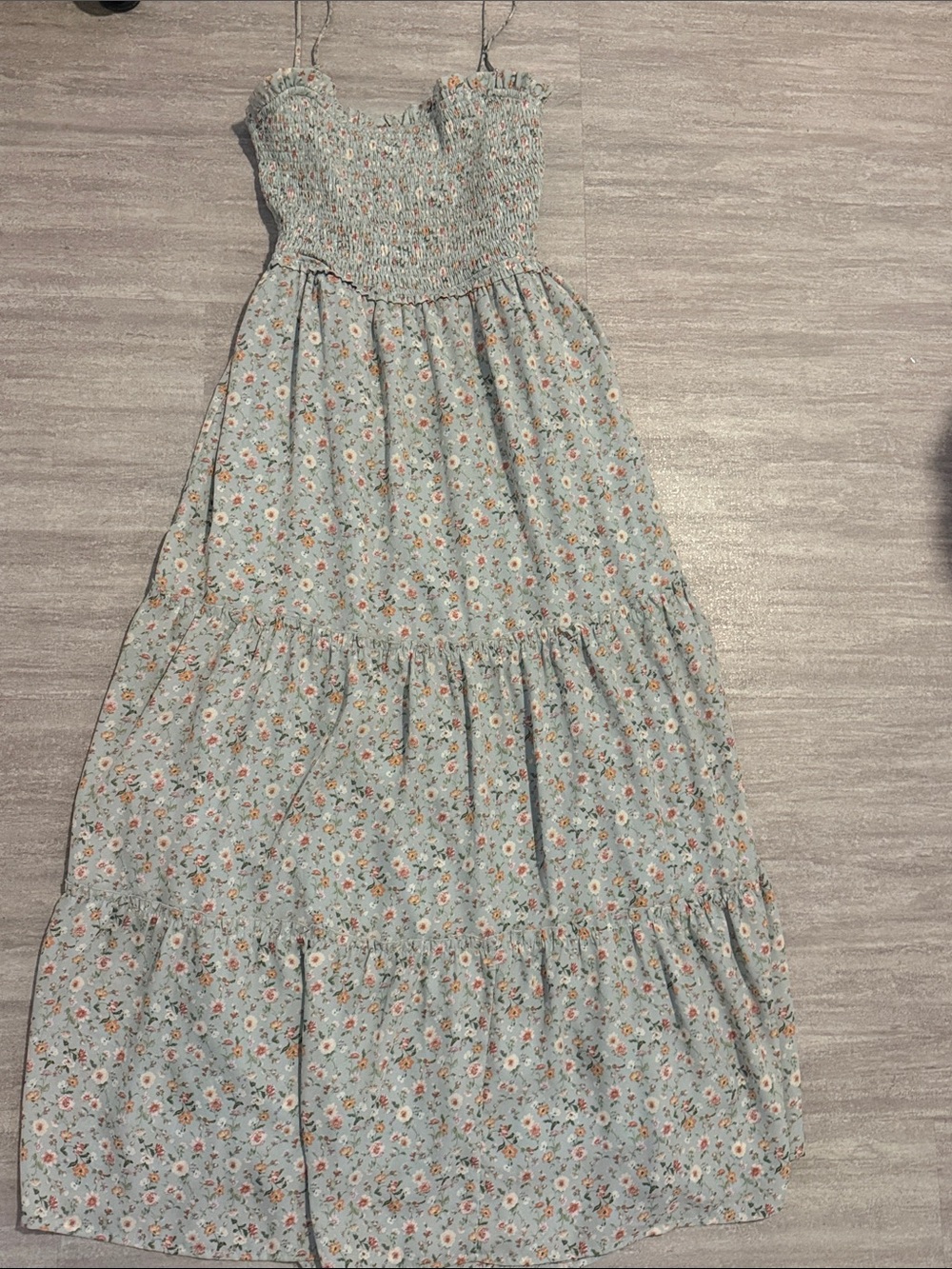 Smocked Tiered Maxi Dress in Light Blue Floral
